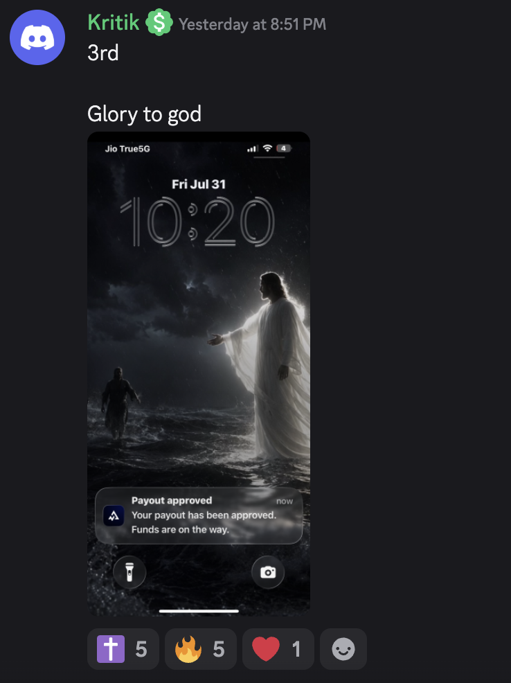 Phone lock screen: payout approved, funds are on the way. The member wrote: “Glory to god”